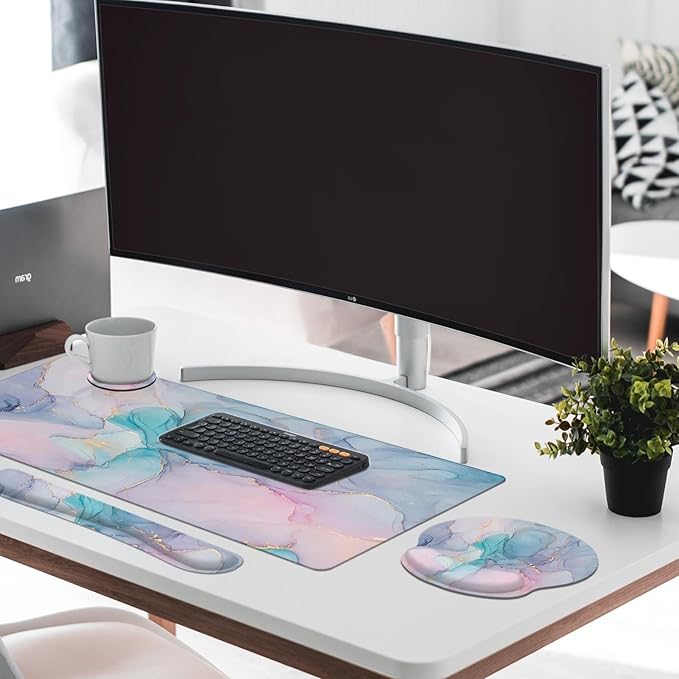 Britimes Blue Purple Liquid Marbling Keyboard Mouse Pad Set 4in1 Large Mousepad+Keyboard Wrist Rest+Mouse Wrist Rest+Coaster Ergonomic Design for Home Office Computer 35.4x15.7 inches