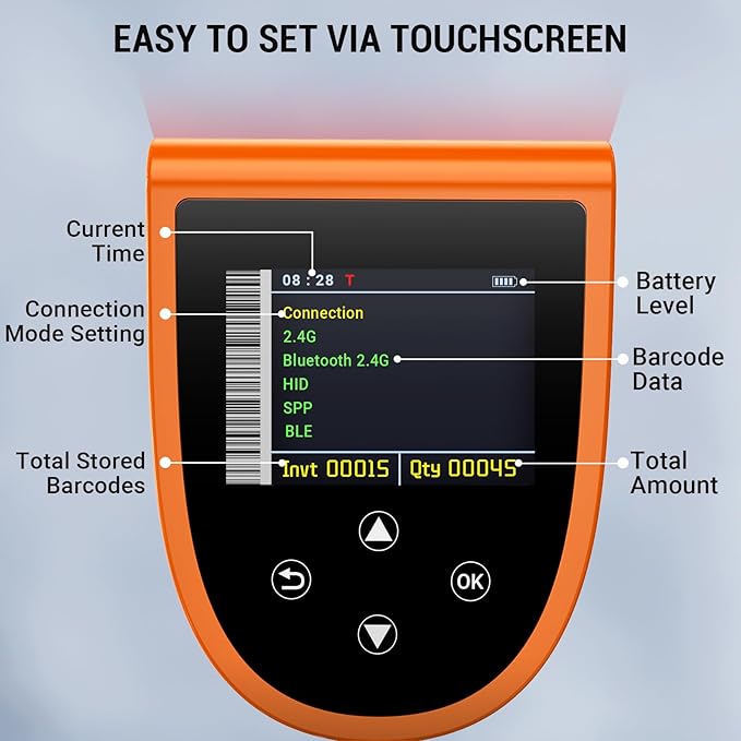 Tera Barcode Scanner Wireless with Screen: Pro Version 1D 2D QR with Digital Setting Keypad Power Switch Charging Cradle Works with Bluetooth 2.4G Wireless Bar Code Reader HW0015 Orange