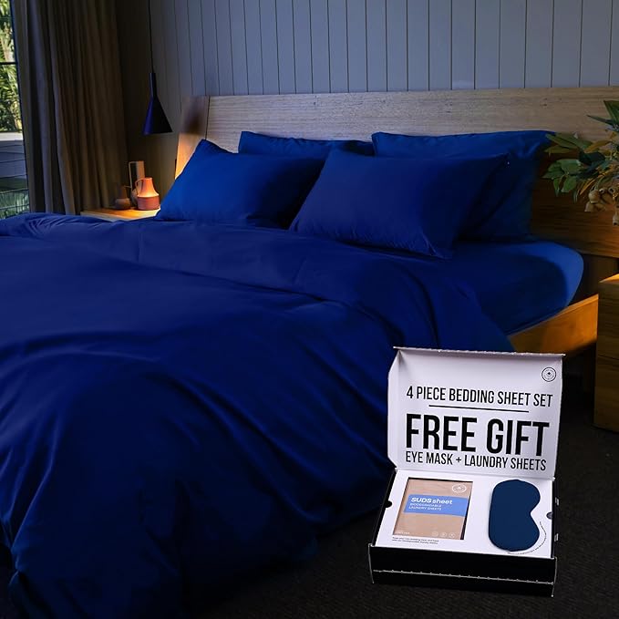 THE LAD COLLECTIVE 3.0 Twin XL Bedding Set - Twin XL Bedding Sets - 4-Piece Bedset w/Fitted Sheet, Top Sheet & 2 Standard Pillowcases [Duvet Not Included] - Bamboo-Cotton - Atlantic [Navy Blue]