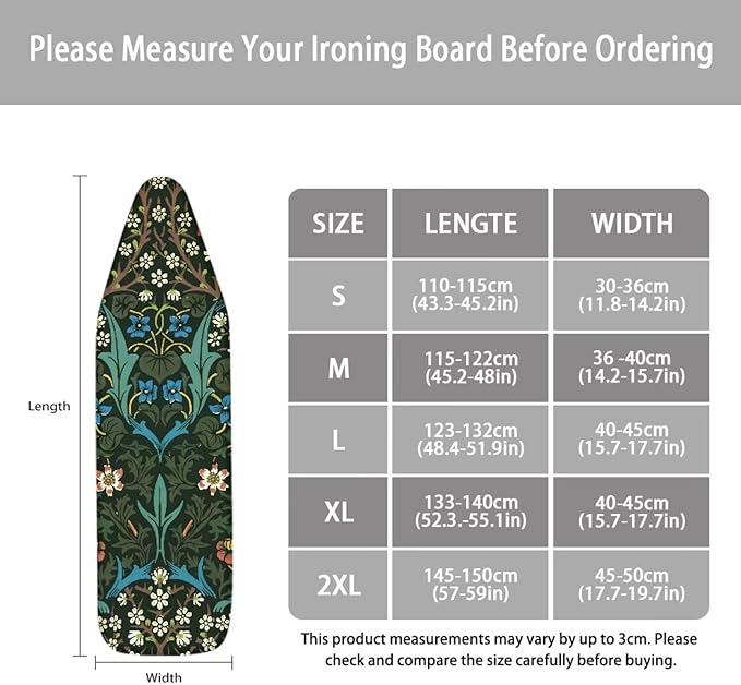 ZCFYGDX William Morris Ironing Board Cover Nylon Buckle Fastening Easy to Install Iron Decor Covers Standard with Elastic Edge Scorch Resistant Protective Covers for Iron Board 18x58 Vintage Print