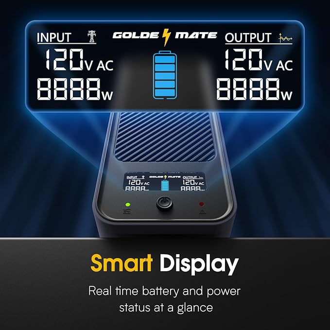 GOLDENMATE 1000VA/600W Lithium UPS Battery Backup & Surge Protector, Backup Battery Power Supply with LiFePO4 Batteries(153.6 Wh), Sinewave UPS System, 10 Years Lifespan, 8 Outlets, LCD Display, Gray