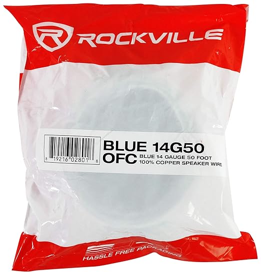 Rockville Blue 14G50 OFC 14 Gauge 50 Foot 100% OFC Copper Speaker Wire, Tinned Marine-Grade Jacket, Flexible Stranded Design, for Car, Marine, Outdoor & Home Audio
