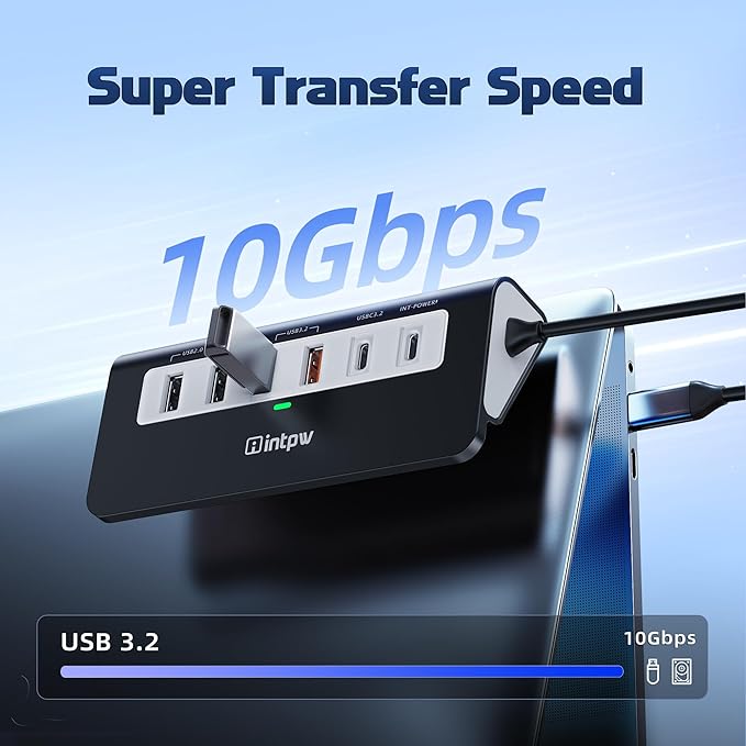 intpw USB C Hub 10Gbps, 9-in-1 USB C Docking station with 4K@60Hz HDMI, Type-C & 2 Type-A 3.2, 2 USB-A 2.0, PD 100W, SD/TF Port, Black Aluminum USB Hub for Laptop, iPhone 16/15 Series, MacBook Air/Pro