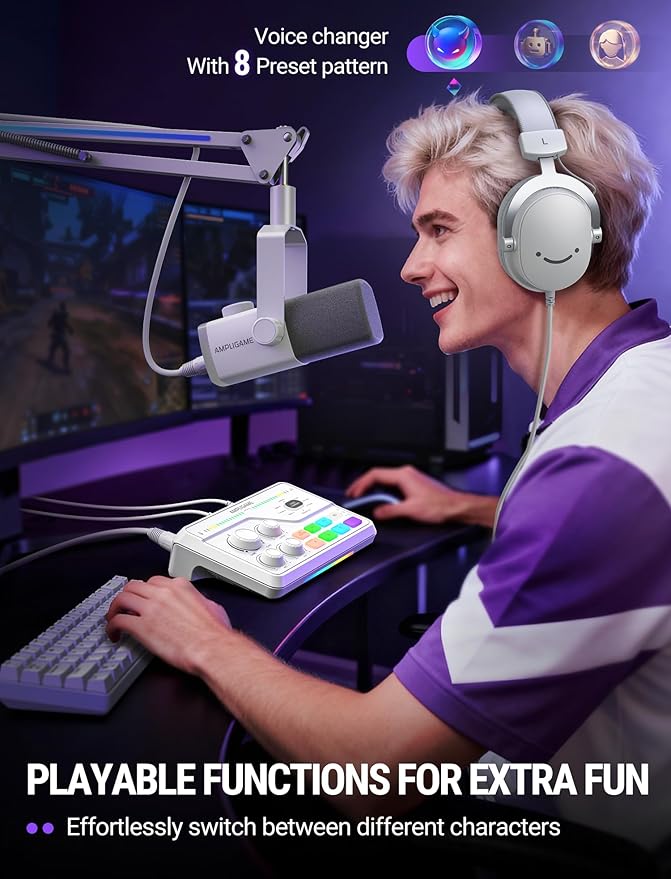 FIFINE Audio Mixer for Gaming with 7.1ch Surround Sound-Volume Knob-Mute-Voice Chat, RGB Computer Mixer with XLR Mic Interface Compatible wtih TV for Live Streaming-AmpliGame SC8W