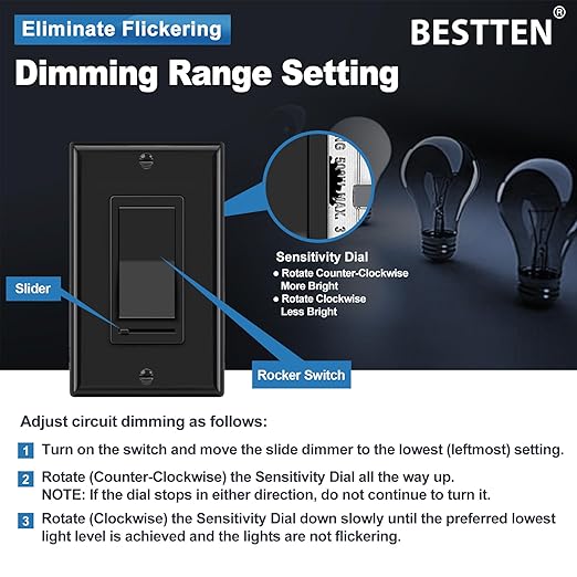 BESTTEN 2 Pack Dimmer Wall Light Switch, Single Pole or 3-Way LED Slide Dimmer Switch, Compatible with Dimmable LED, Incandescent, Halogen and CFL Bulbs, Wallplate Included, UL Listed, Gloss Black