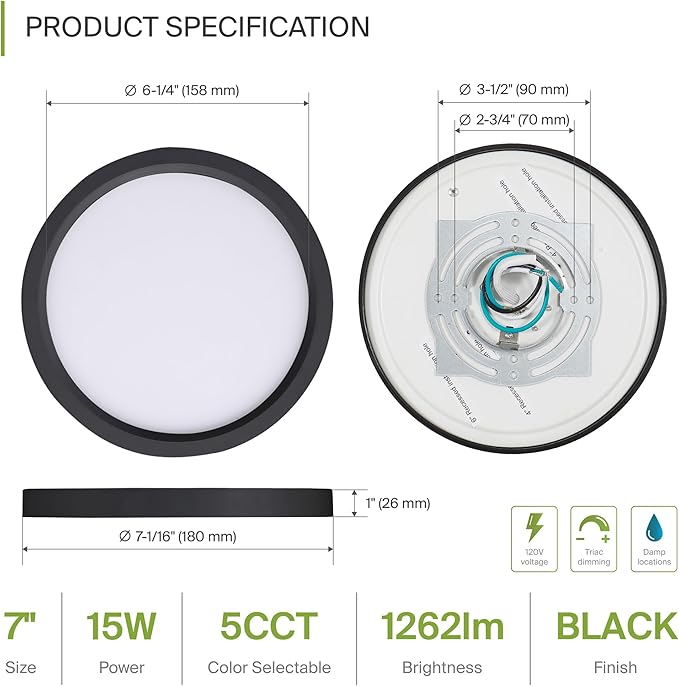 ASD LED 7" Round Flush Mount Ceiling Light Fixture, Low Profile Surface Lighting | 5CCT, Dimmable, Ultra-Thin, ETL Listed | 15W 1260LM 2700-6000K 120V | Kitchen, Bedroom, Hallway Lamp | Black, 6 Pack