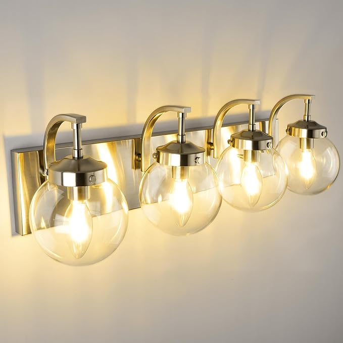Beionxii 4-Light Bathroom Light Fixtures, Brushed Nickel Bathroom Vanity Light Over Mirror, Modern Vanity Lights with Clear Glass Shade for LivingRoom Hallway, BX-VL03BN-4CG