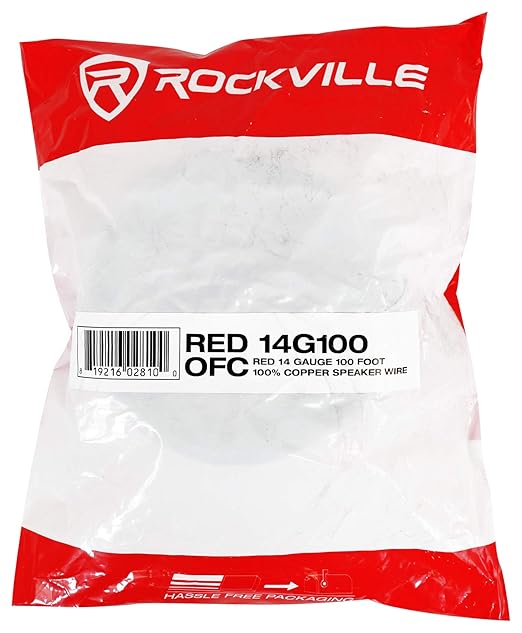 Rockville RED 14G100 14 Gauge 100 Ft Speaker Wire, 100% OFC Copper, Flexible PVC Jacket, Red Insulation, for Car Audio and Home Theater
