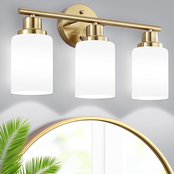 Guliaofo 3-Light Bathroom Light Fixtures, Vanity Lights for Mirror with Textured Milky White Glass Shade, Modern Kitchen Light Fixtures Wall Sconce Light - E26 Base - Brushed Gold