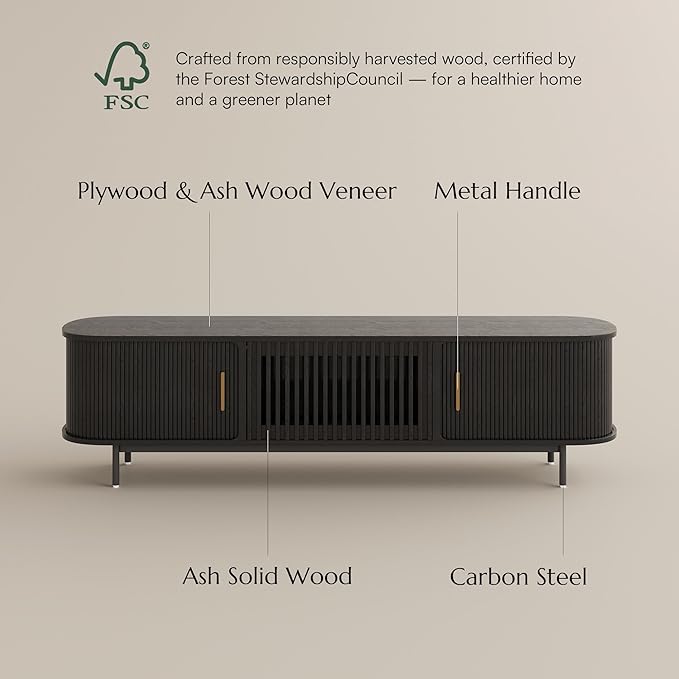 POVISON Fully-Assembled Mid Century Modern TV Stand for 65 inch TV, Sliding Door Entertainment Center with Storage, Wood TV Console, Media Console for Living Room Bedroom(Black, 70.87")