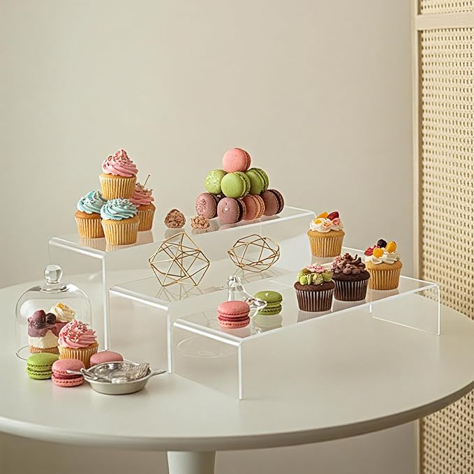 Chuangdi 2 Sets Acrylic Display Risers, Product Stand, Jewelry Display Riser Shelf Showcase Fixtures for Dessert Cupcake Candy Figure Treat Action Showcase (Clear,Extra Large Set)