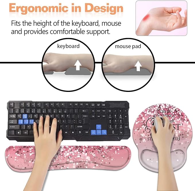 Keyboard Wrist Rest + Mouse Pad Wrist Support Set with Coasters, Non-Slip PU Base Ergonomic Mousepad for Home Office Working Studying Easy Typing & Pain Relief, Pink Background Bible Verse Phil 4-13
