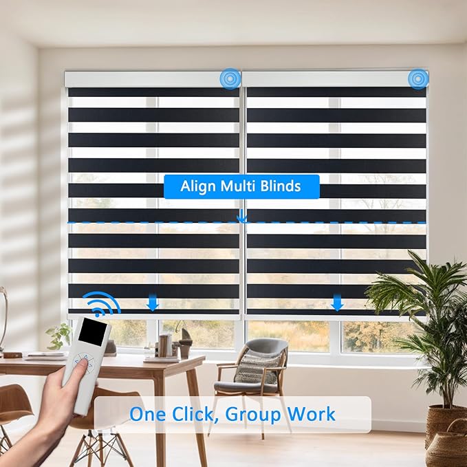 COOLWINDS Motorized Zebra Blinds for Windows Cordless Electric Curtains with Remote Control Blackout Shades Custom Smart Blinds Compatible with Alexa Google Home(Light Filtering Black,W25 X 72in)