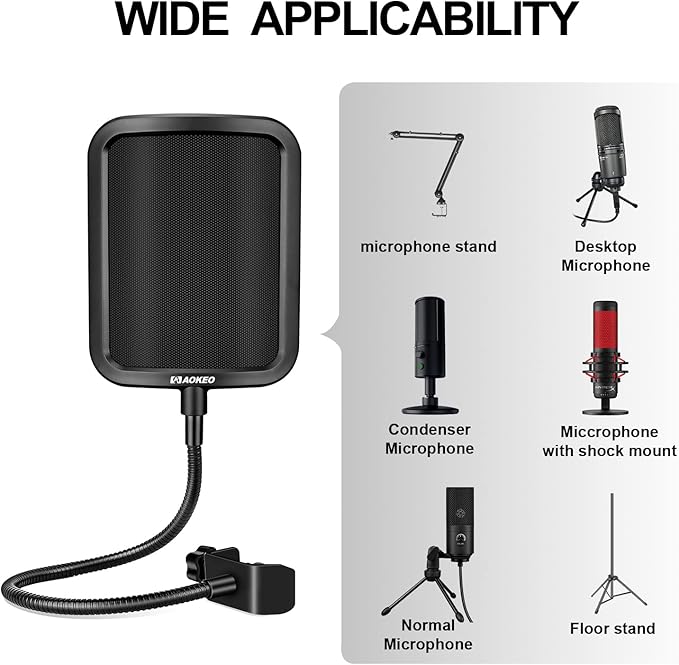 Aokeo Metal Pop Filter,Metal Mesh Layer Microphone Windscreen for Hyperx QuadCast, Blue Yeti and Other Mics,Pop Shield with Flexible 360° Gooseneck Clip Stabilization Arm