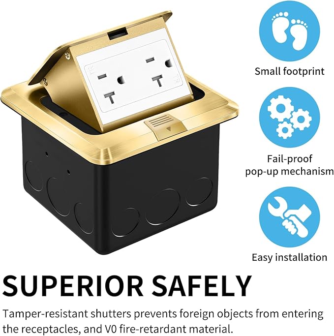 Vagueior Pop Up Floor Electrical Outlet Stainless Steel Box Kit, 20A TR Receptacle Outlet，Tamper-Resistant Receptacle Outlet, ETL Certified,Gold(2 Pack)