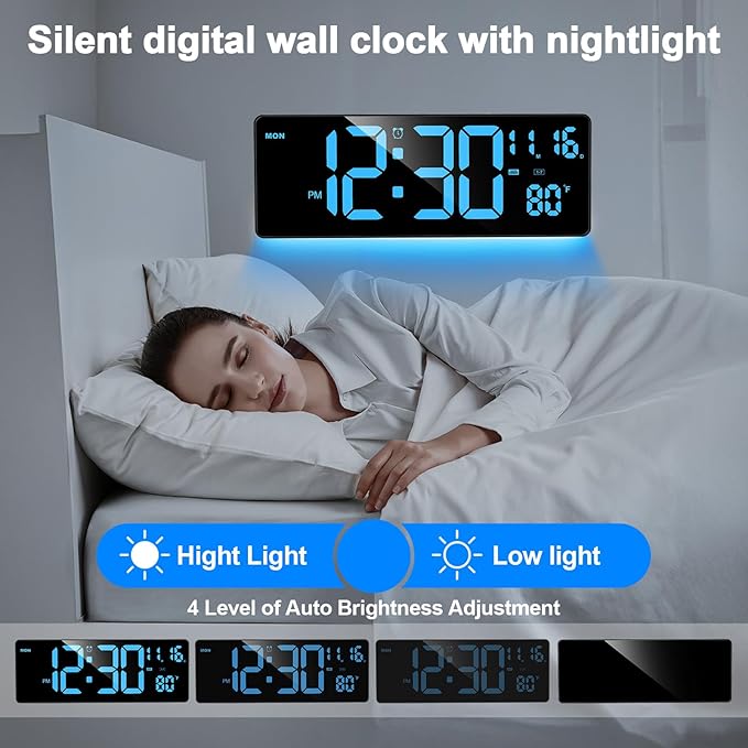 XREXS Digital Wall Clock Large Display, 16.5" LED Wall Clock with 6 Color Changes Night Lights, Auto DST, Count Up/Down Timer with Remote Control for Living Room Bedroom Office Wall Decor