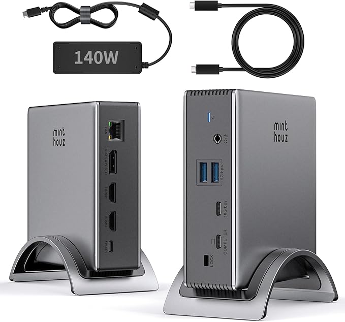 USB C Docking Station, Minthouz PD3.1 Docking Station 3 Monitorswith 4K@144Hz 2*HDMI+DP 140W PD Charge,USB-C 10Gb,2*USB-A 5Gbps, Gigabit Ethernet, Audio/Mic for Chrome OS & Windows