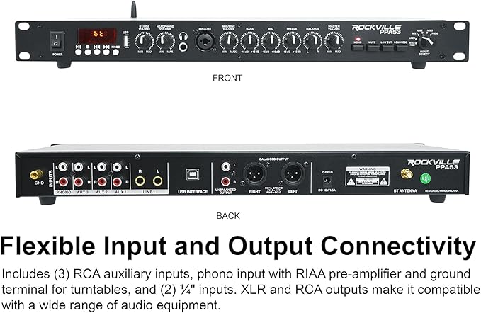 Rockville PPA53 Preamp Pro 1U Preamplifier w/Bluetooth, USB/Computer Interface, Multi-Input, High-Fidelity Audio, for Home Studio Recording & Live Sound