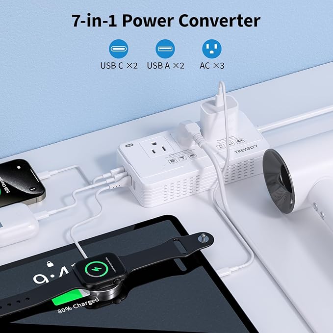 TREVOLTY 2000W Voltage Converter US to Europe for Hair Dryer, 220V to 110V Converter for European Travel with 3 AC 2 USBC 2 USBA Ports, European Travel Plug Adapter with Type C/G/I/L Power Plug