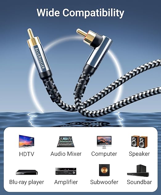 BlueRigger Subwoofer Cable 90D (6FT, RCA Audio, Dual Shielded, Gold Plated, Right Angled Male RCA Connectors) – Compatible with Subwoofer, Amplifier, Home Theater