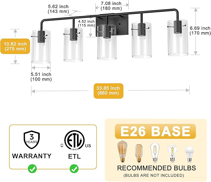 L LOHAS LED 5-Light Bathroom Light Fixtures, 33.85" Black Bathroom Vanity Light with Straight Glass Shades, Modern Vanity Lights for Bathroom Light Fixtures Over Mirror Living Room Hallway, E26, ETL