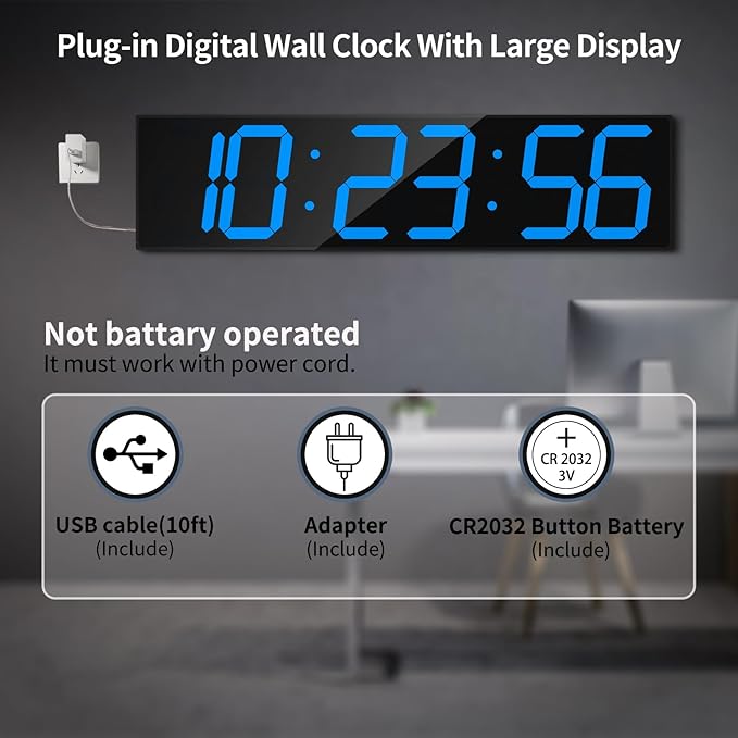 CHKOSDA 28.4''Large Digital Wall Clock,Automic Digital Clock with Alarm,Clendar and Termperature,Auto Time Sync with Easy Operation, Big Gym Timer with Countdown,Countup and Interval Workout(Blue)