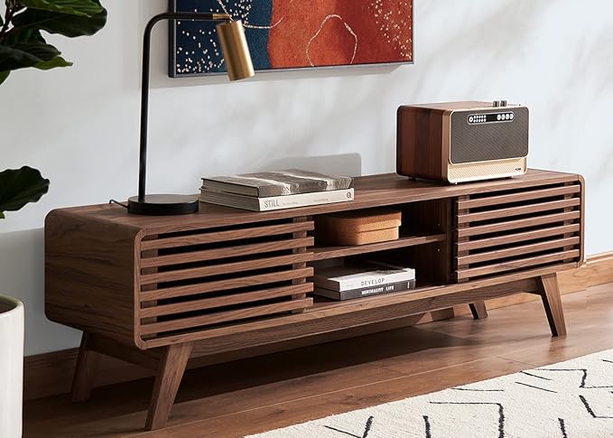 mopio Ensley TV Stand, Mid Century Modern for 55/60/65 inch TV, Farmhouse TV Stand, Entertainment Center with Storage, TV and Media Console for Living Room (Walnut, 59" Low)