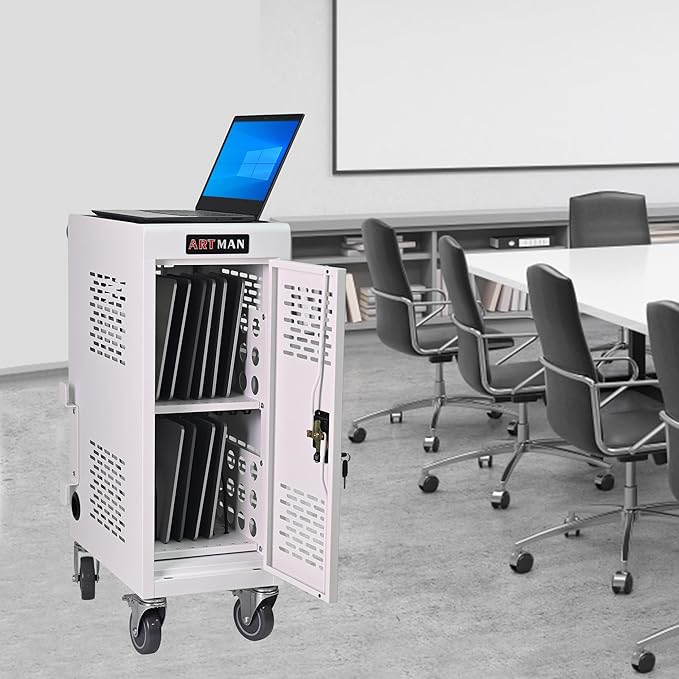 Aokleo Laptop Charging Cart,16 Devices Tablet Storage Carts for pad Up to 16.3" Screen Size, Classroom Computer Mobile Charging Station for Pads, Chromebooks,Laptops, Security Storage(16 Bay-White)