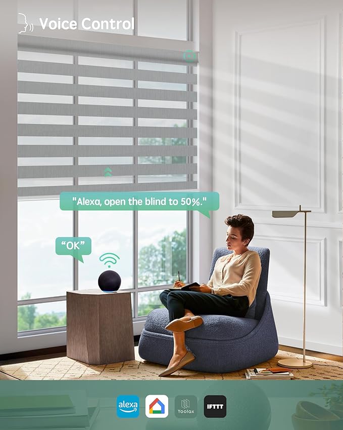 Yoolax Motorized Zebra Blinds Compatible with Alexa,Motorized Blinds with Remote Smart Automatic Custom Electric Window Blinds Cordless Indoor Blackout for Home Bedroom Kitchen (Enamel Grey)