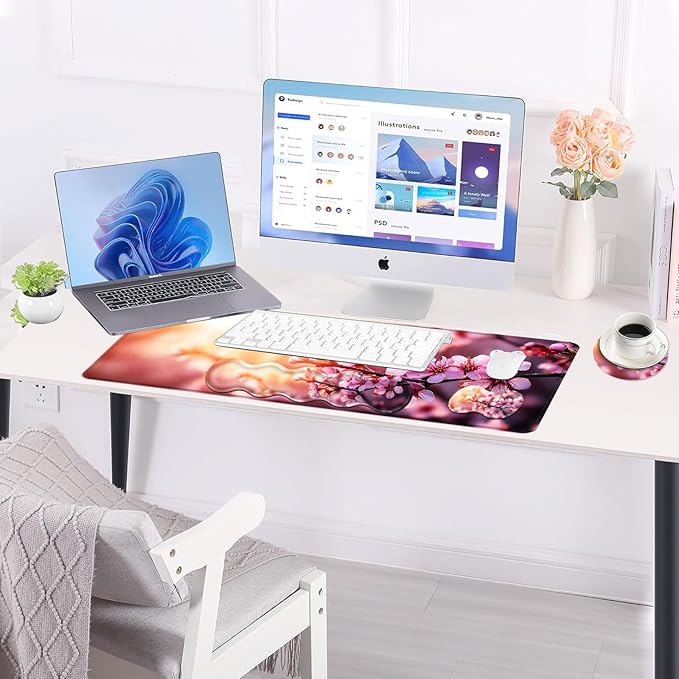 BFUKVOU Large Keyboard Mouse Pad Set, Extended Mouse Pad+Keyboard Wrist Rest Support, Memory Foam Ergonomic Easy Typing, 4Pcs (31.5×11.8 in) Desk Pad Set for Office Home,Cherry Blossom Floral