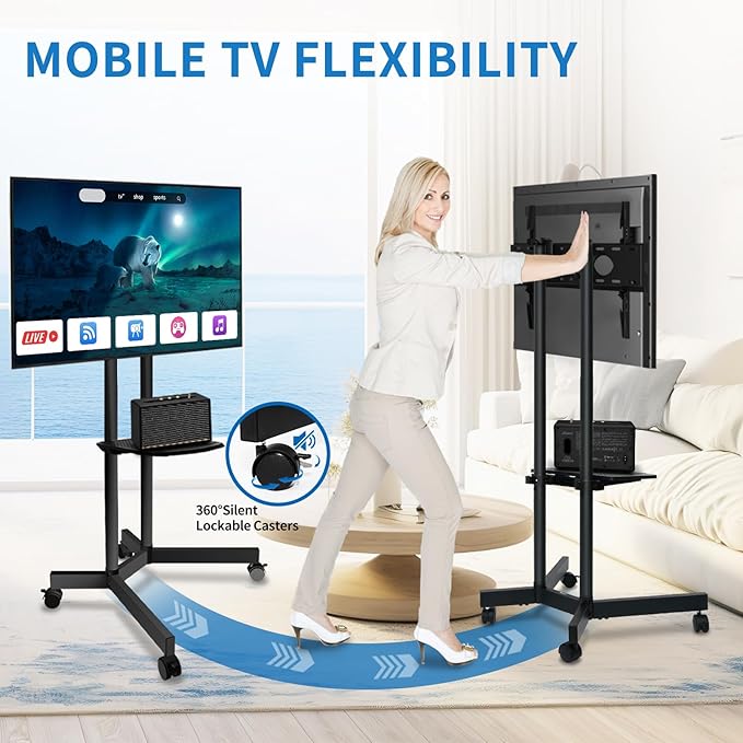 Solid Grace Rolling TV Stand with Wheels for 32-75 Inch TVs up to 88lbs, Portable TV Stand with Shelf, Mobile TV Cart for Living Room, Office, Meeting Room, Outdoor
