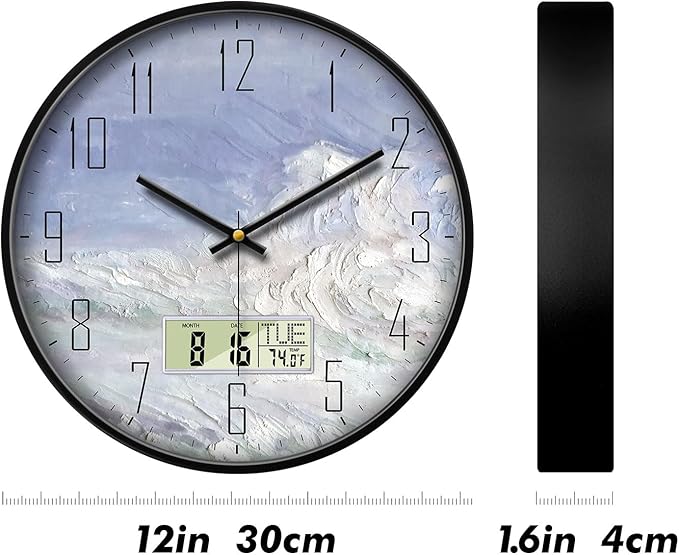 SCOAGE Digital Wall Clock Battery Operated with Day and Date Temperature Blue White Wave Calendar Clock with Large Display Silent for Room Bathroom Bedroom Living Room Farmhouse Decor 12 Inch