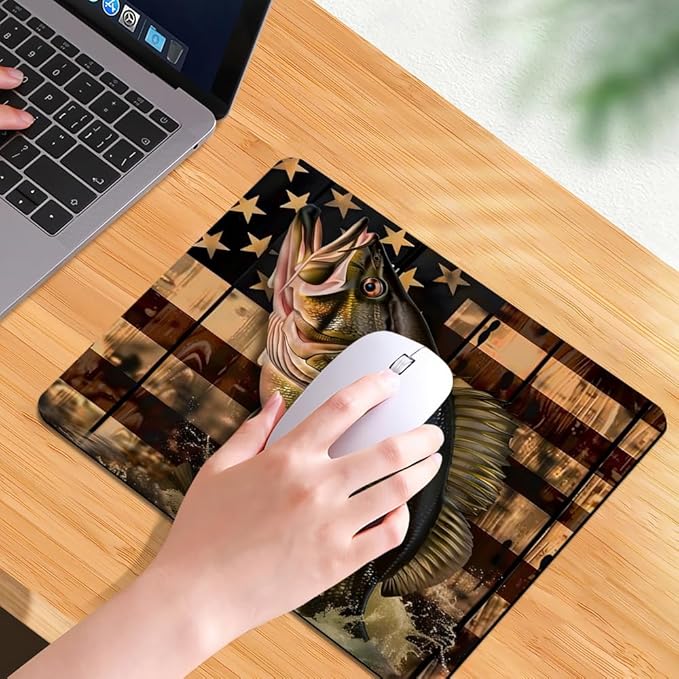 Wooden American Flag Fish Square Mouse pad, Texture, Waterproof, Anti Slip Rubber Base, Computer Mouse pad, Laptop Mouse pad