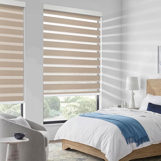 COOLWINDS Motorized Zebra Blinds for Windows Cordless Electric Curtains with Remote Control Blackout Shades Custom Smart Blinds Compatible with Alexa Google Home(Roomdarking Caramel,W39 X 72in)
