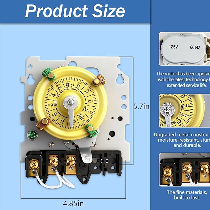 T101M Pool Timer Mechanism Only, Pool Pump Timer, 120V 2HP SPST 40A Time Switch, 24 Hour 12 ON/Off for Pool Pump, Heavy-Duty Mechanical Time Switches,Time Switch Mechanism Only, 5 Years Warranty