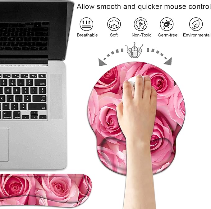 Keyboard Wrist Rest and Mouse Pad Wrist Support Set with Coasters, Non-Slip PU Base Ergonomic Gaming Mousepad for Home Office Working Studying Easy Typing & Pain Relief, Pink Roses