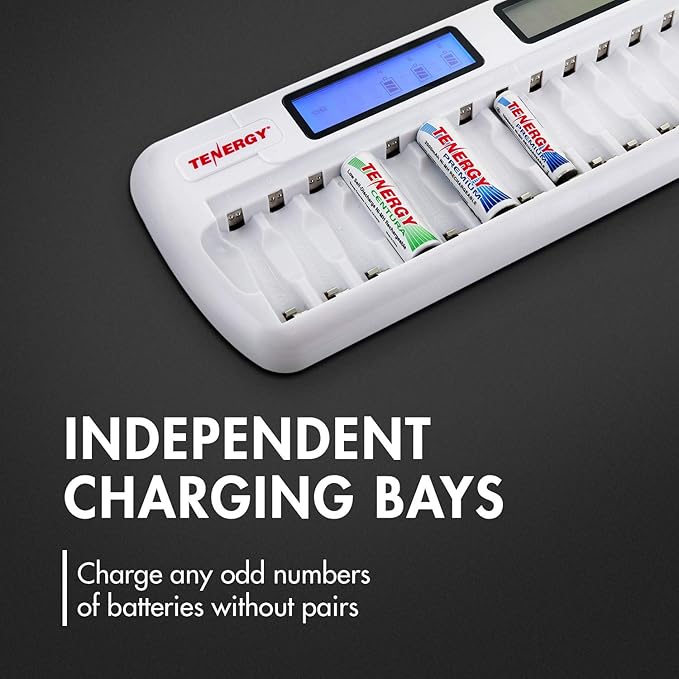 Tenergy TN438 16 Bay Battery Charger for AAA and AA Rechargeable Batteries, AA/AAA NiMH/NiCd Rechargeable Batteries Charger with AC Wall Adapter and Car Adapter
