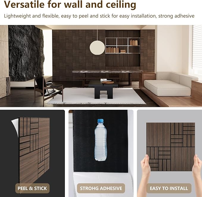 ARMURO 4 Packs Acoustic Wall Panels - Self-Adhesive 3D Wood Slat Wall Panel- Peel and Stick Sound Absorbing Panels for Noise Reducing - Feature Wall Decor for Home & Office