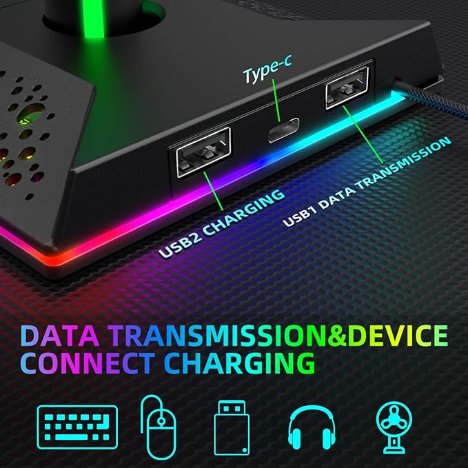 CybJoy RGB Headset Stand, Gaming Controller Stand with 2 USB and 1 Type-C Ports,10 Light Modes Headset Holder PC Gaming Accessories, Suitable for All Earphone Accessories, Gift for Boys Men Gamers
