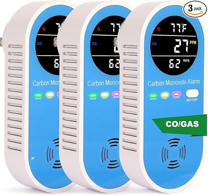 Vzmcov Plug-in Carbon Monoxide Detector with Real-Time CO Display & Temperature/Humidity Monitor, Plug-in CO Alarm for Home, RV, Apartment, Indoor Air Safety 3-Pack