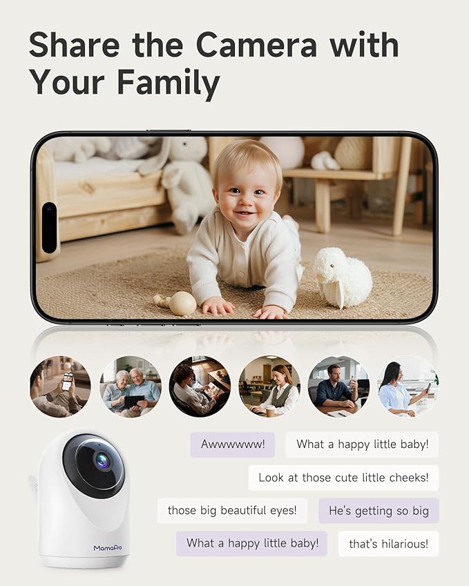 MAMAPRO Baby Monitor with Camera and Audio - 2K Color Night Vision, WiFi Video Baby Monitor - 355° Pan/70°Tilt, AI Motion/Cry/Temp/Humidity Alerts, 2-Way Audio, App for 20 Users, 8 Lullabies