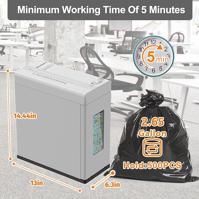 Suntiko Paper Shredder, 5-Sheet Micro Cut with 2.65 Gallons Bin, P-5 High Security Level, 5 Munites Non-Stop Working Time, Compact Design Pull Out Basket with Jam Proof System for Home Office