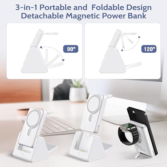 Smtcsl 3-in-1 Wireless Charging Station: Portable 5000mAh Power Bank Charger Compatible for Phone Air/17/16/15/14/13/12 Series and Watch - Detachable Magnetic Charging Stand White