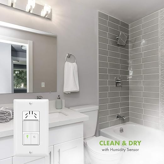 TOPGREENER Dual Tech Humidity Sensor Switch, Infrared PIR Motion & Air Moisture Detection, Bathroom Fan & Light Control, Adjustable Timing, Neutral Wire Required, UL Listed, TDHOS5-2PCS, White 2 Pack