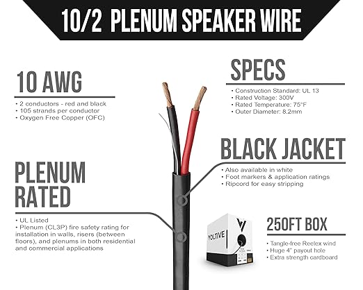 Voltive 10/2 Speaker Wire, Plenum CL3P, Black, 250ft - 10AWG, 2 Conductors, Stranded Oxygen-Free Copper, UL Listed - V-1240-1
