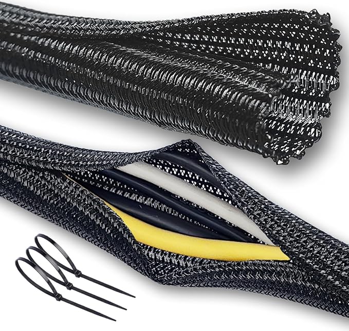 Cable Management Split Wire Loom Sleeve - Cord Hider & Protector for Desk, Pet Chew Proof, Wire Cover Organizer, Flexible Tube for Wires and Cables (3/16 Inch 12FT, Black)