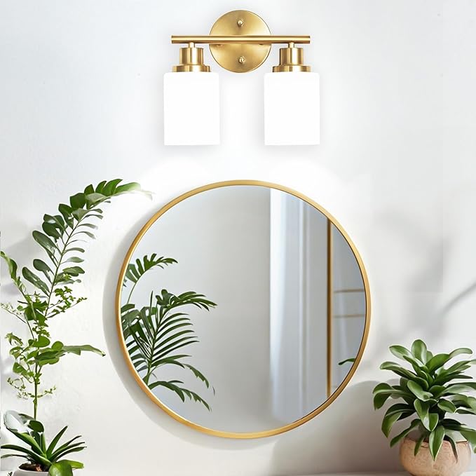 Guliaofo 2-Light Vanity Lights, Brushed Gold Bathroom Light Fixture with Striped Textured Milky White Glass Shade, Modern Vanity Lighting Fixture for Bathroom Wall Light Over Mirror, E26 Wall Sconce
