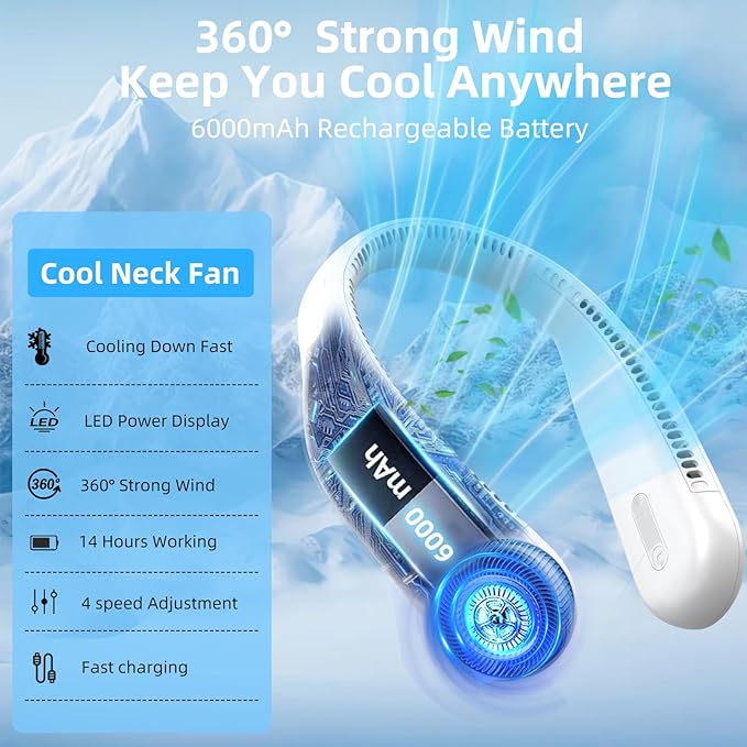 Portable Neck Fan,Hands Free Personal Wearable Bladeless Fan,6000mAh USB Rechargeable,360° Cooling,LED Display,4-Speeds,Birthday Gifts for Men Women Dad Mom,Valentines Day Gifts for Her Him (White)