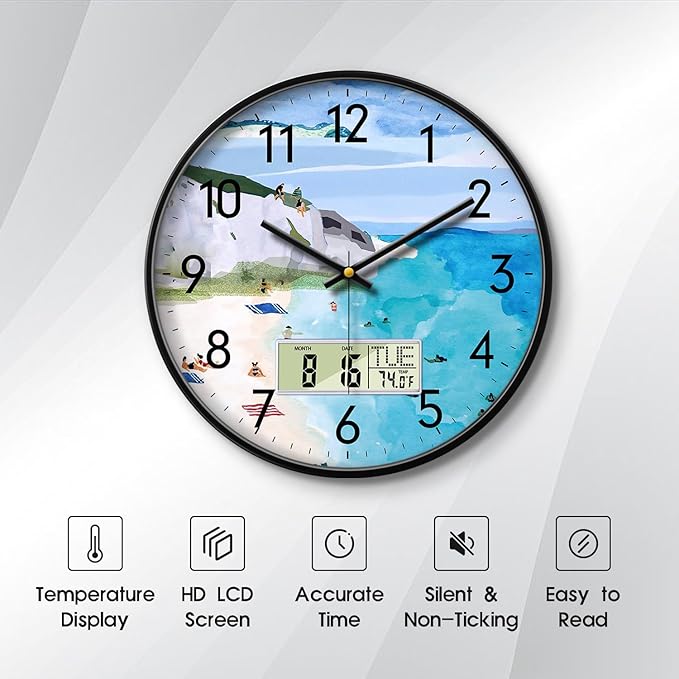 SCOAGE Silent Wall Clock with Temperature Day and Date Blue Mountain and Sea Beach Non-ticking Kitchen Clock Digital Large Display Battery Operated Clocks Decor for Bathroom Living Room Office 14 Inch