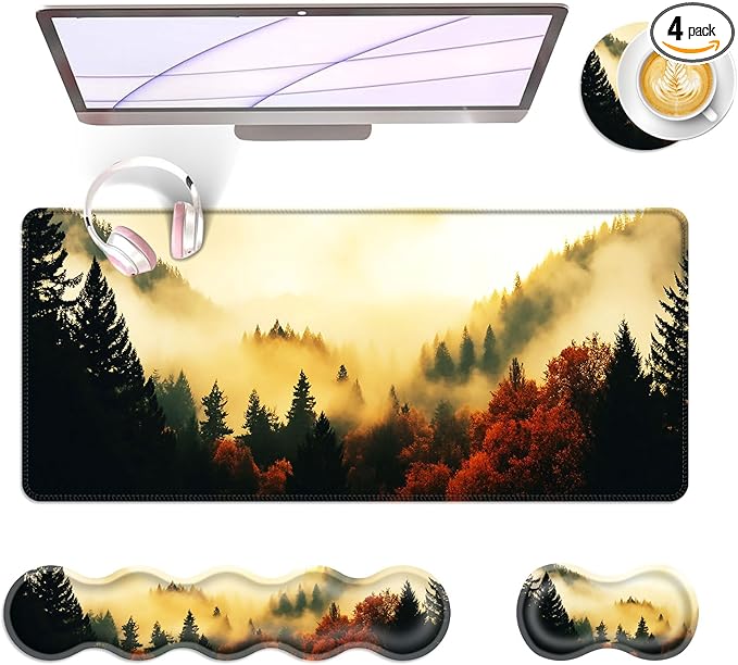 BFUKVOU Large Keyboard Mouse Pad Set, Extended Mouse Pad+Keyboard Wrist Rest Support, Memory Foam Ergonomic Easy Typing, 4Pcs (31.5×11.8 in) Desk Pad Set for Office Home,Nature Misty Forest